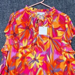 Cynthia Rowley Floral Ruffle Short Sleeve Blouse Top Women's 1X Colorful NWT‎